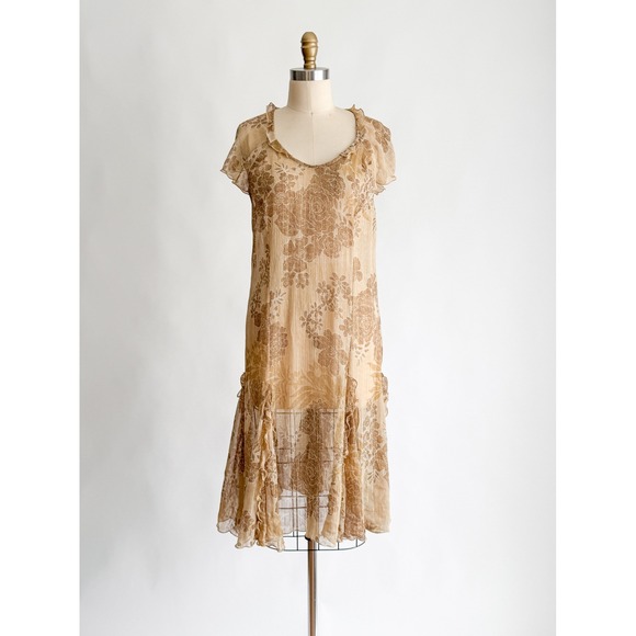 Emma James Dresses & Skirts - Vintage Boho Emma James Floral Midi Dress 10P Tan Gold Metallic Ruffle Chiffon